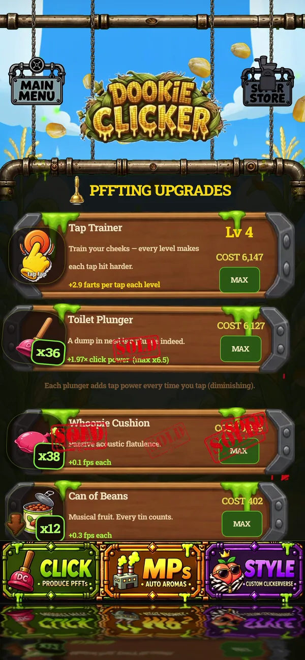 Dookie Clicker screenshot: Pffting upgrades shop