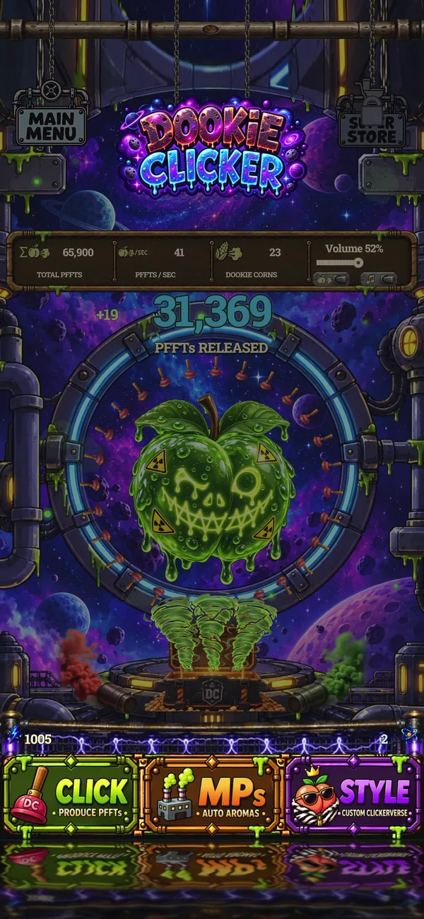 Dookie Clicker screenshot: Toxic peach in Deep Space Sewer